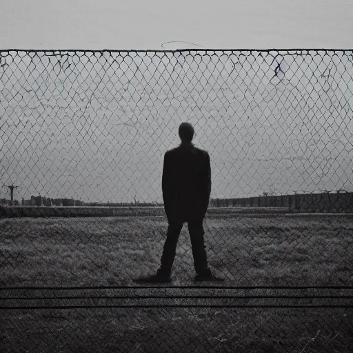 Prompt: a man standing in front of a fence with barbed wire, minimalism, dystopian art, retrofuturism