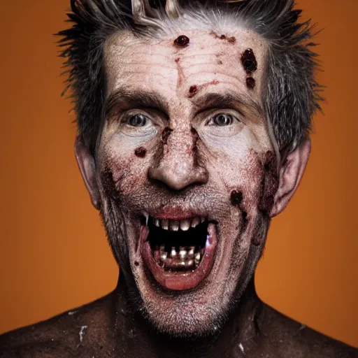 Prompt: long shot photo of a man where his skin is covered with dendritic cordyceps militaris, mouth open, style by david cronenberg, large format full frame photography, hyperrealism