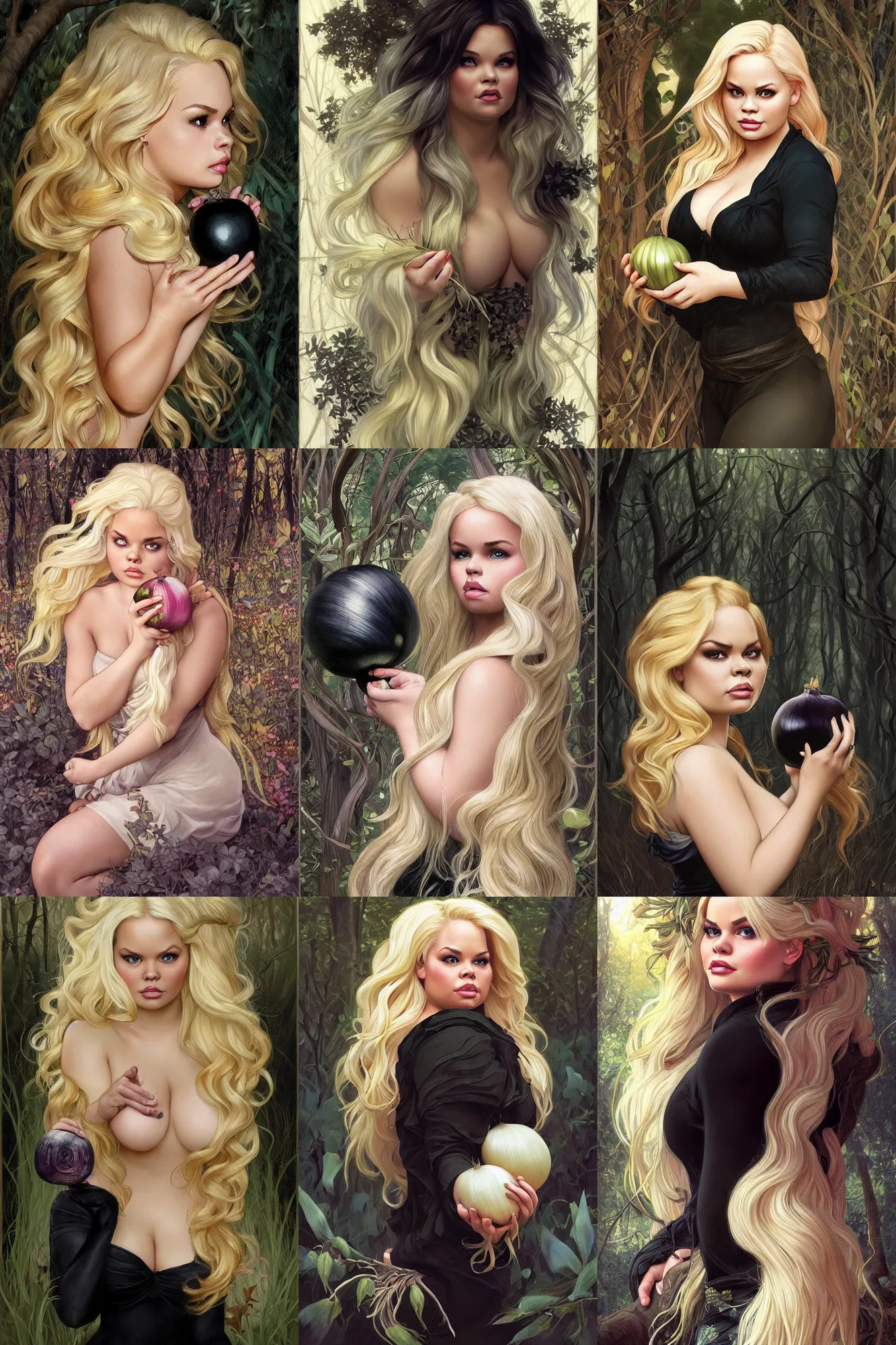 Prompt: beautiful cottagecore trisha paytas holding a Black Onion, Blonde Hair, dark forest, intricate, elegant, highly detailed, digital painting, artstation, concept art, smooth, sharp, focus, illustration, art by artgerm and greg rutkowski and alphonse mucha