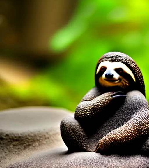 Image similar to a photograph of a sloth levitating while meditating in a zen rock garden, nature photography, highly detailed, intricate details, sharp focus, celestial