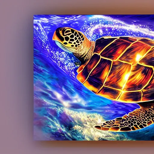 Prompt: photorealistic sea turtle riding waves of lightning. hyperdetailed photorealism, 1 0 8 megapixels, amazing depth, glowing rich colors, powerful imagery, psychedelic overtones, 3 d finalrender, 3 d shading, cinematic lighting, artstation concept art