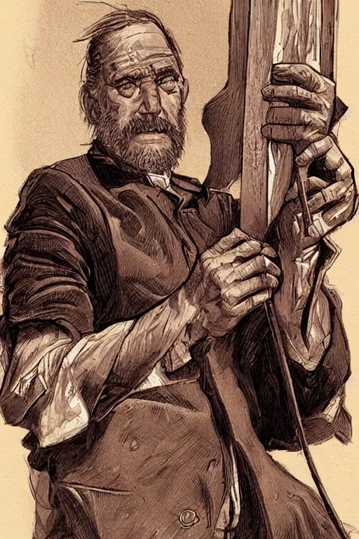 Image similar to vernon. Smug old west circus knife thrower. concept art by James Gurney and Mœbius.