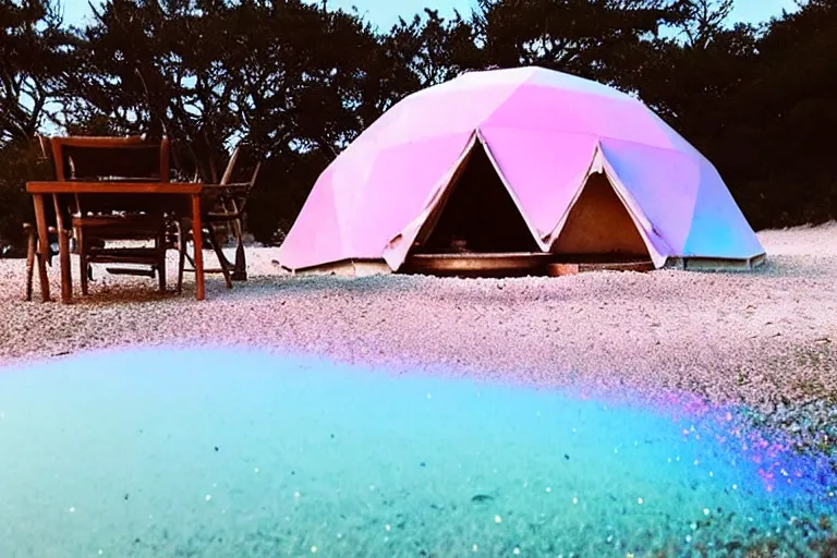 Image similar to a vintage family holiday photo of an empty beach from an alien dreamstate world with chalky pink iridescent!! sand, reflective lavender ocean water and a pale igloo shaped plastic transparent bell tent opposite a fire pit with an iridescence blue flame. refraction, volumetric, light.