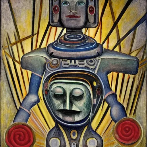 Image similar to portrait of a robot shaman, by annie swynnerton and and rufino tamayo and jean delville and edward hopper and evelyn de morgan, art deco shaman, stylized flowers, art brut, outsider art, symbolist, dramatic lighting, god rays, elaborate geometric ornament, clean crisp graphics, smooth sharp focus, extremely detailed, adolf wolfli