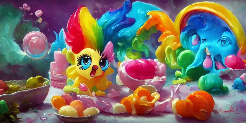 Prompt: rainbow sorbet made in the shape of 3 d littlest pet shop mythical creature, realistic, melting, soft painting, desserts, ice cream, master painter and art style of noel coypel, art of emile eisman - semenowsky, art of edouard bisson