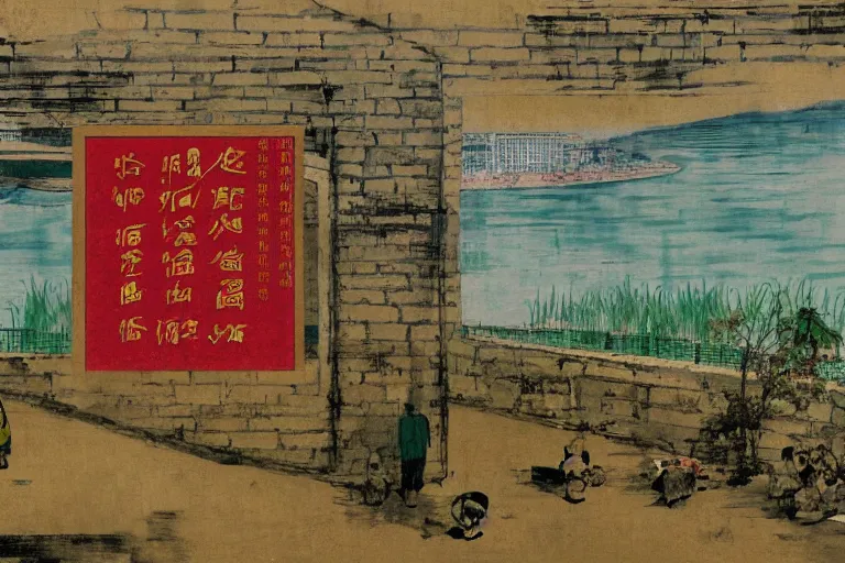 Image similar to a chinese prison near a river by peter doig, overlaid with chinese adverts