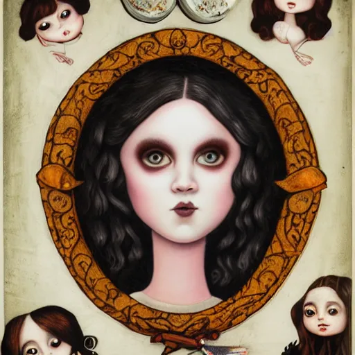 Prompt: the blacksmits’ daughter, working in the forge, lowbrow in the style of Mark Ryden,