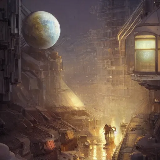 Prompt: It’s crowded streets of Russian Khrushyovkas sleeping quarters on the Moon city, Norilsk, sci-fi, fantasy, intricate, very very beautiful, elegant, highly detailed composition, digital painting, artstation, concept art, smooth, sharp focus, illustration, art by artgerm and greg rutkowski and alphonse mucha