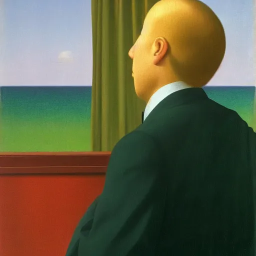 Prompt: the man behind the curtain waves you over to see him by Raphael, Hopper, and Rene Magritte. detailed, romantic, enchanting, trending on artstation.
