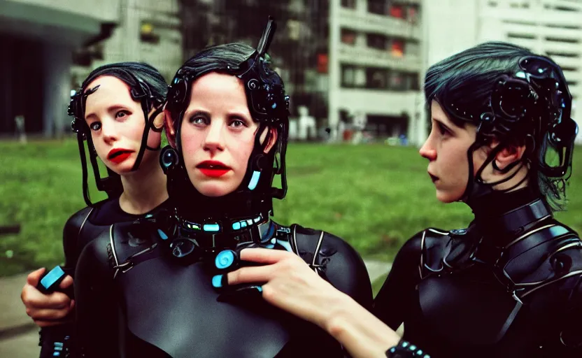 Prompt: cinestill 5 0 d photographic portrait by helen levitt of affection between two loving female cyborgs wearing black techwear in a retrofuturist garden, extreme closeup, modern cyberpunk, moody, 8 k, hd, high resolution, 3 5 mm, f / 3 2, ultra realistic faces, intricate detail, ex machina