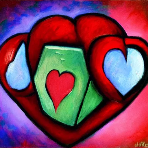 Image similar to beautiful impressionist painting of companion cube heart on side