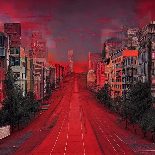 Prompt: post apocalyptical city in red hues