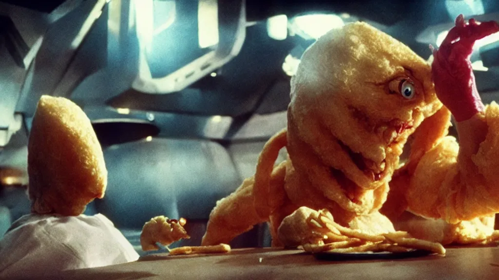 Image similar to french fry monster fighting Star Trek Characters, film still from the movie directed by Denis Villeneuve with art direction by Salvador Dalí, wide lens