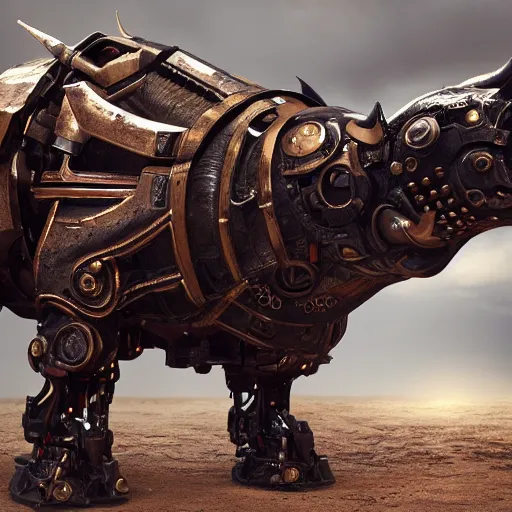 Image similar to a full body shot of a cyborg ( bull ) modeled after a bull looking into the camera, android, cyborg, full body shot, intricate, 3 d, hyper realism, fantasy, depth of field, octane render, symmetrical, highly detailed, digital art, artstation, concept art, cinematic lighting, trending