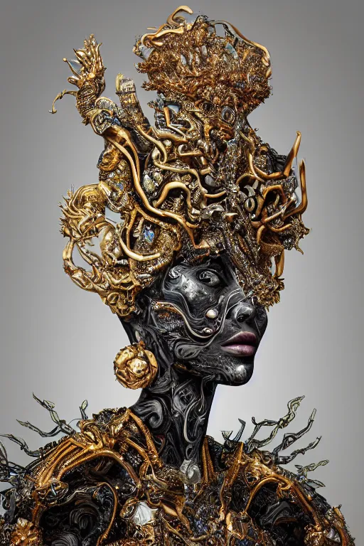 Image similar to hyper-realistic ultra-detailed maximalist and dramatic elegant luxury alien empress made of marble portrait by igor goryunov and heidi taillefer inspired by andrei riabovitchev and patricio clarey Rendered by binx.ly 8k. Generative art. Fantastic realism. Scifi feel. Extremely Ornated. Intricate and omnious. Tools used: Blender Cinema4d Houdini3d zbrush. Unreal engine 5 Cinematic. Beautifully lit. No background. artstation. Deviantart. CGsociety.