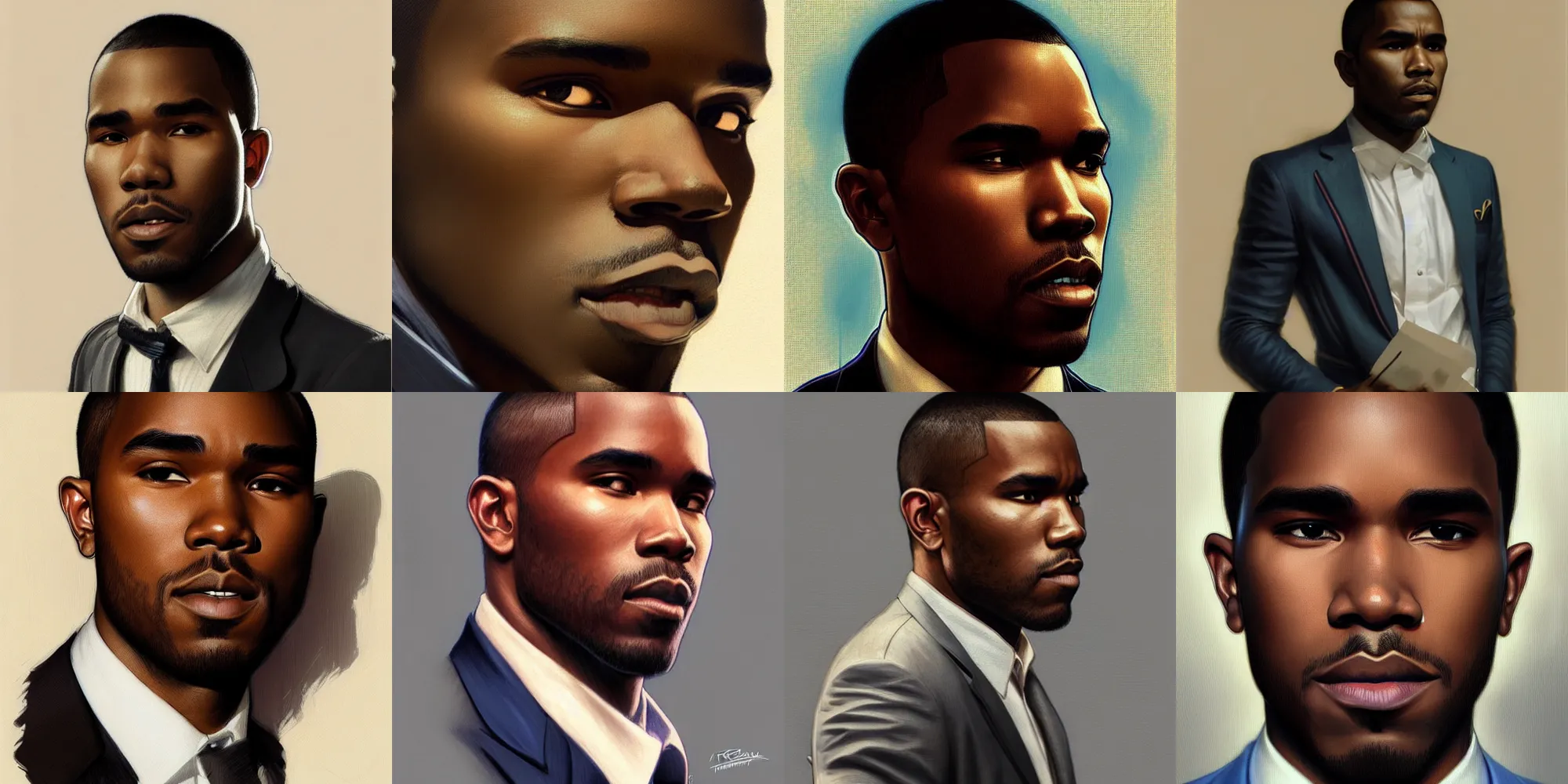 Prompt: Frank Ocean with a suit, with no derpy face, hyper realistic portrait, intricate, elegant, highly detailed, digital painting, artstation, concept art, rough, sharp focus, illustration, art by artgerm and greg rutkowski and alphonse mucha