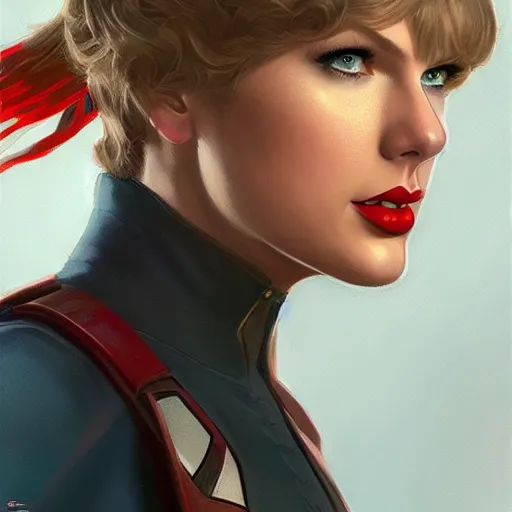 Image similar to Taylor Swift as Captain America, portrait, highly detailed, digital painting, artstation, concept art, sharp focus, illustration, cinematic lighting, art by artgerm and greg rutkowski and alphonse mucha