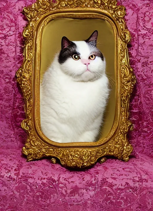 Image similar to a magnificent portrait of a cross - eyed cute fluffy fat cat on a precious embroidered velvet cushion on a neo - rococo gilded little bed with precious stones, ball of yarns all around, by pierre et gilles, photorealistic, canon r 3, photography, wide shot, symmetrical features, symmetrical pose, wide angle shot, standing pose, feet on the ground