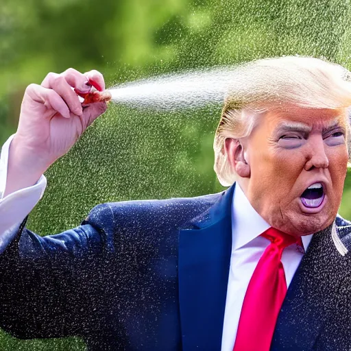Image similar to donald j. trump spraying chocolate from his hands, chocolate spray landing on liberals