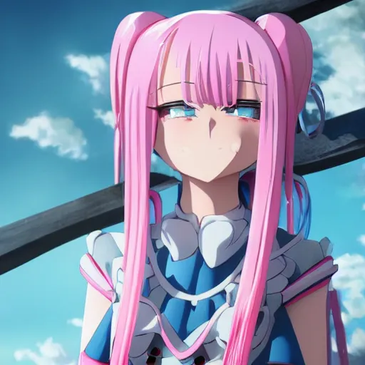 Image similar to viewed from the ground in a low angle, stunningly beautiful omnipotent megalomaniacal anime goddess with porcelain skin, pink twintail hair and mesmerizing cyan eyes, symmetrical perfect face smiling in a mischievous, devious and haughty way while looking down upon the viewer, mid view, hyperdetailed, 2 d, 8 k