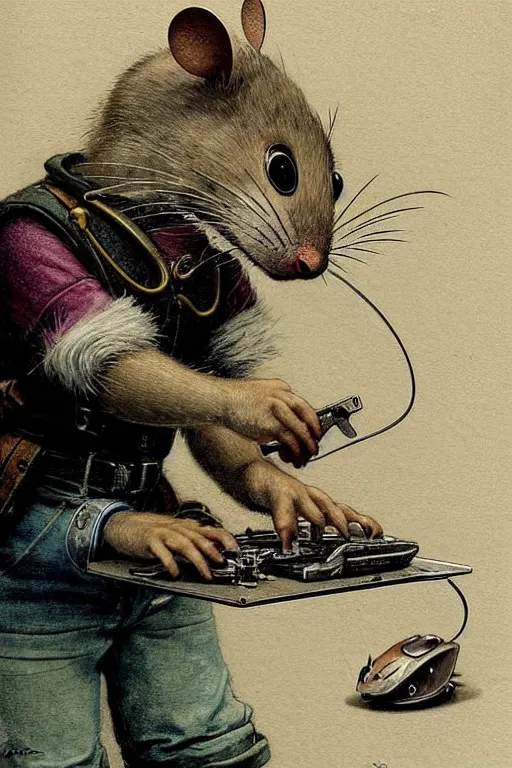 Prompt: hyper - detailed accurate rendered ( ( ( ( ( 1 9 5 0 s retro future mouse mechanic fixing an android mouse. muted colors., ) ) ) ) ) by jean - baptiste monge,!!!!!!!!!!!!!!!!!!!!!!!!!