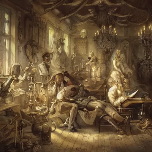 Image similar to 1800s medical drawing of troubled minds, by ivan laliashvili, peter mohrbacher, rococo details, highly detailed