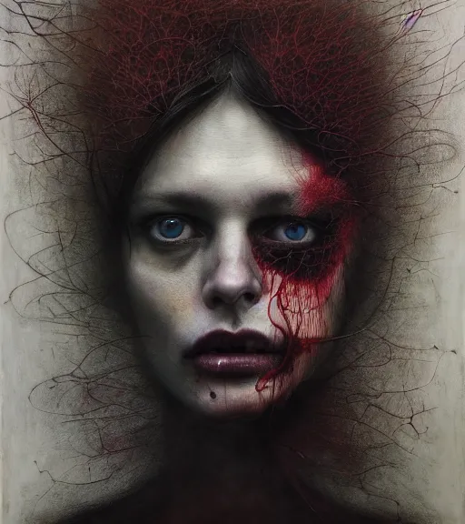 Image similar to portrait, stranger psycho by eugene von bruenchenhein, peter lindbergh, sam spratt, michael page, alyssa monks, julie heffernan, glenn brown, naoto hattori, brian froud, nicola samori, paolo roversi, kilart, 8 k, hyper detailed, hyper realism, acrylic paint, surrealism, smooth, sharp focus.