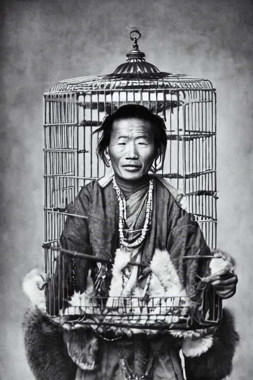 Prompt: ultra realistic vintage photo portrait of a tibetan man with a birdcage in place of the chest, by Annie Leibovitz,