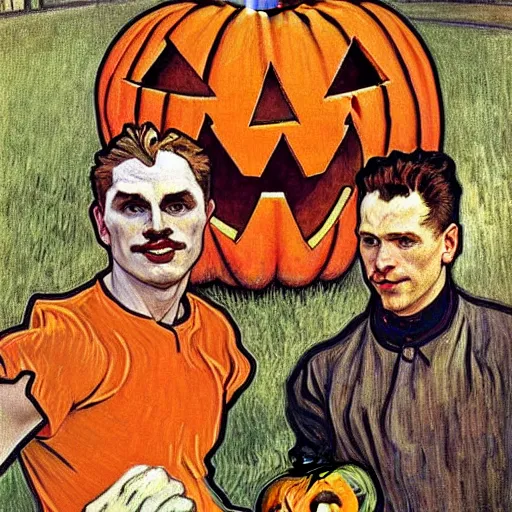 Image similar to painting of arkansas razorbacks players at the halloween jack o'lantern party, elegant, clear, painting, stylized, delicate, soft facial features, art, art by alphonse mucha, vincent van gogh, egon schiele