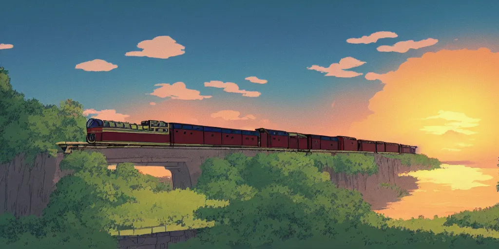 Image similar to a sunset railroad environment in the studio ghibli style, ghibli,