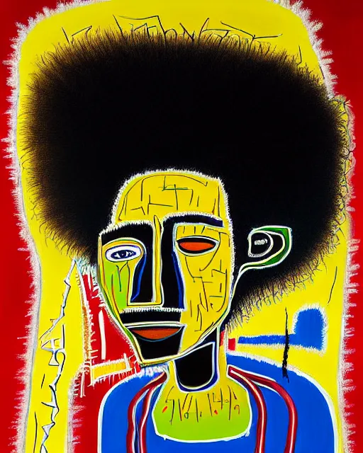 Image similar to A extremely ultra highly detailed majestic hi-res beautiful immaculate head and shoulders award winning painting stunning masterpiece of the face of a strong black african man with an afro by Jean-Michel Basquiat, 8k, high textures, ultra hyper sharp, insanely detailed and intricate, super detailed, 8k HDR ultra high quality