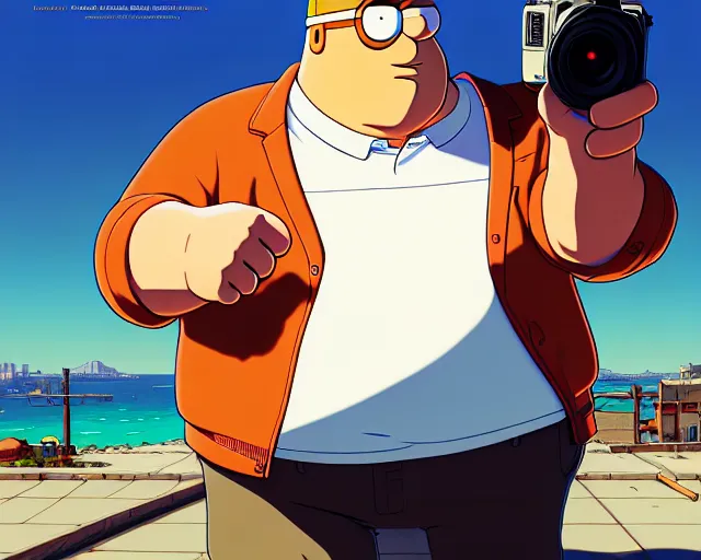 Prompt: peter griffin from family guy, hyper - realistic, gta v cover art, cel shading, sharp focus, intricate, detailed, rhads, andreas rocha, makoto shinkai, lois van baarle, ilya kuvshinov, greg rutkowski, dynamic lighting, grunge aesthetic, 4 k