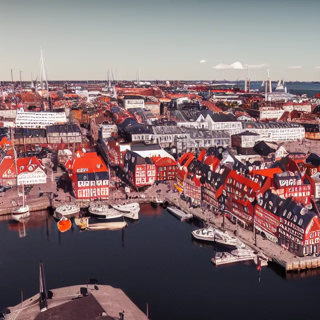 Image similar to copenhagen denmark with new england colonial buildings on a harbor, pink ice cream mountain in the distance, cinematic, volumetric, realistic, cinematic lighting, ray tracing, unreal engine 5, octane render, hyper realistic, photo, 8 k