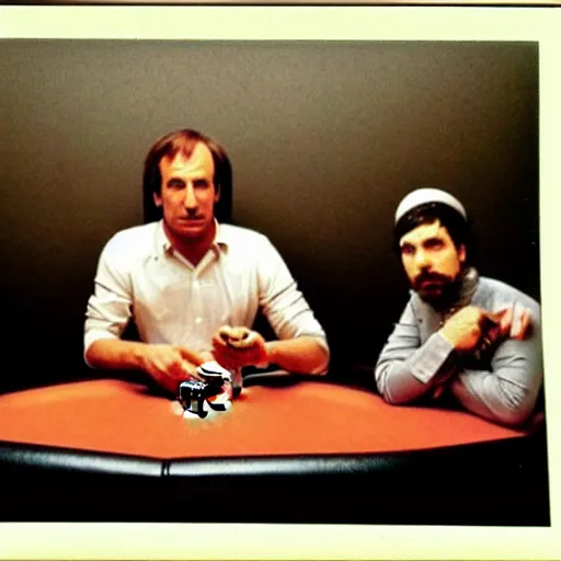 Image similar to 80's polaroid photo of saul goodman playing poker with the taliban