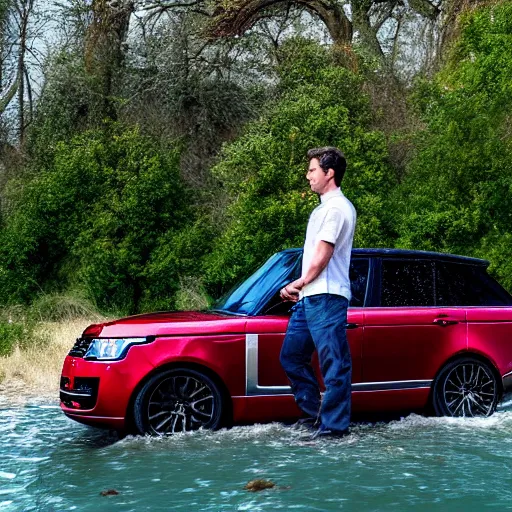 Prompt: dennis reynolds in a fiery rage, standing next to his range rover near a body of water, cinematic style