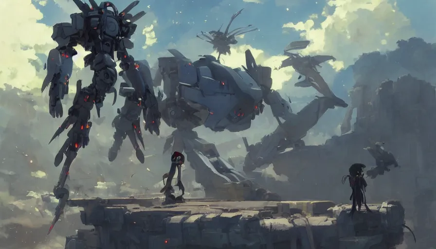 Image similar to mech battle, trending on pixiv fanbox, painted by greg rutkowski makoto shinkai takashi takeuchi studio ghibli