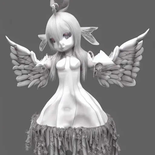 Prompt: cute fumo plush of a fallen angel girl who serves the unnamable ones, eldritch, vray render, black and white