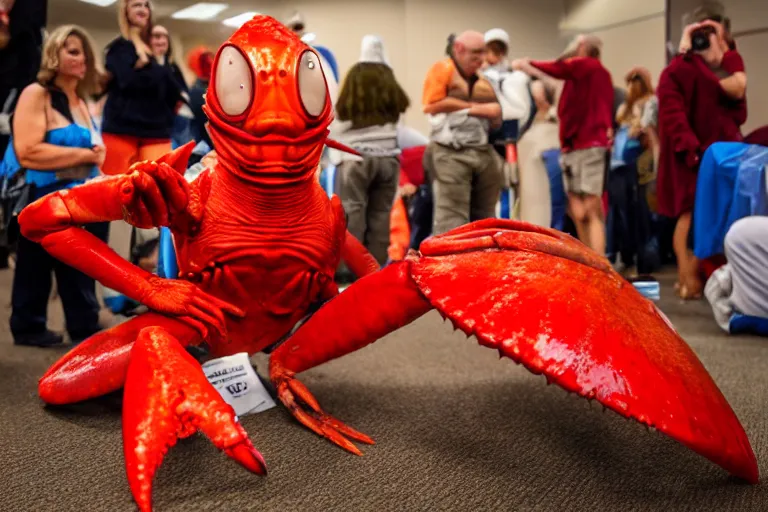 Image similar to cosplayer dressed like a crab, in 2 0 1 8, at a crab convention, royalcore, low - light photograph, photography by tyler mitchell