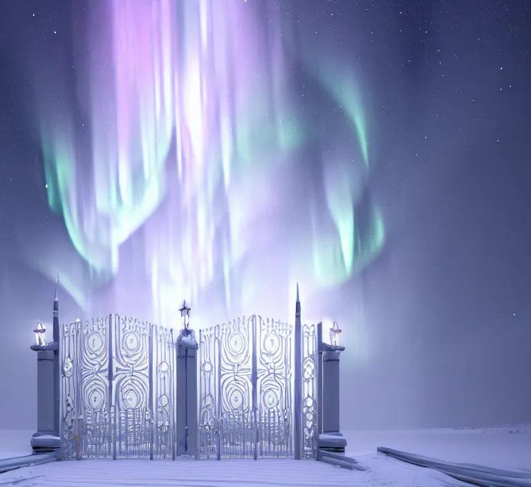 Image similar to a very detailed concept art of intricate and scandinavian white gates to aurora borealis infused with lights, trending on artstation, symmetry, digital art, 4 k, hyper realistic, octane render, sharp focus