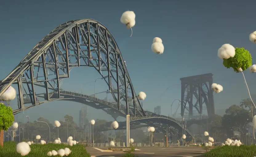 Image similar to explosions in the form of realistic cotton plants hit big harbour bridge, smooth, sharp focus, 3 d octane render, epic lighting, 8 k, by goro fujita