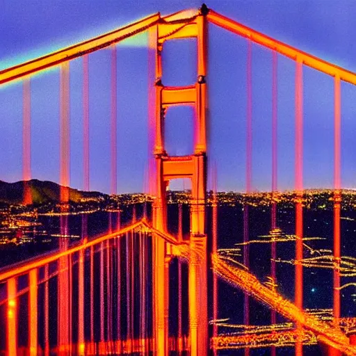 Prompt: Golden Gate Bridge in psychedelic colors covered in graffiti twilight twinkly