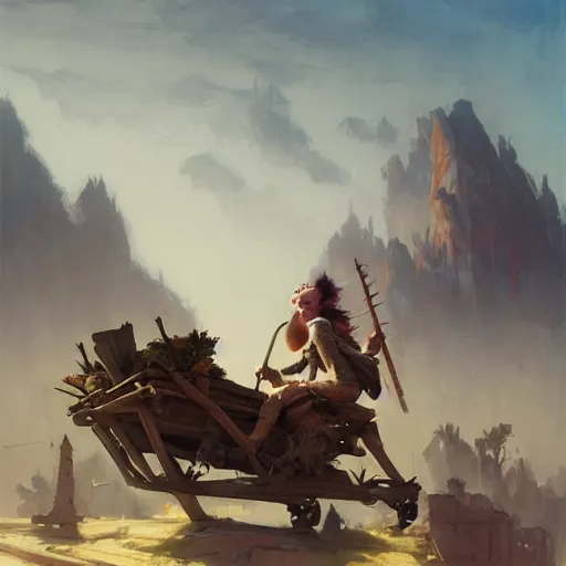 Prompt: goblin riding in a rickety wooden cart holding a lance, organic painting, sunny day, matte painting, bold shapes, hard edges, street art, trending on artstation, by huang guangjian, gil elvgren, ruan jia, greg rutkowski, gaston bussiere