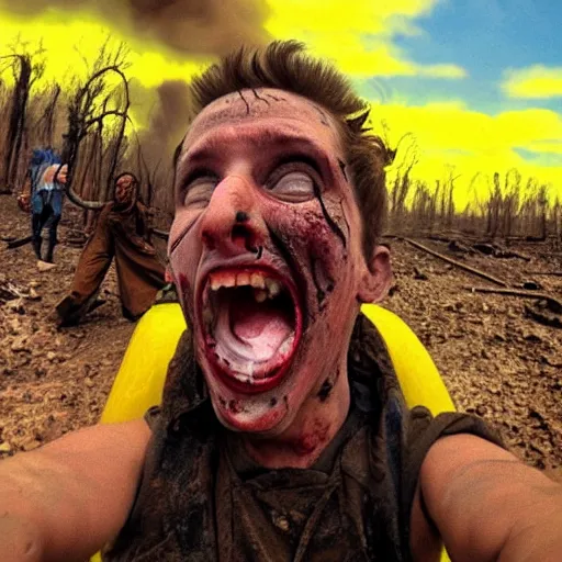 Image similar to selfie of a ukrainian screaming in pain and terrible injuries from a nuclear explosion, everything is on fire and radiation, in the background there are a lot of people like zombies, corpses and skeletons, a large nuclear explosion in the background, people are painted in yellow and blue, all dirty with severed limbs, doomsday