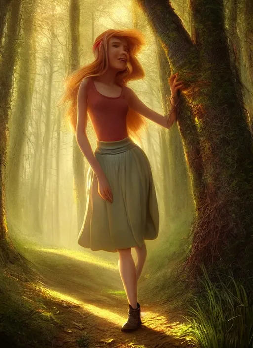 Prompt: young woman walking in skirt : : magic forest mushrooms nature : : weta disney pixar movie still photo : : decadent highly - detailed digital painting, full length shot, golden ratio, octane render, artstation, smooth, sharp focus, artgerm, mucha, loish, wlop, gogo