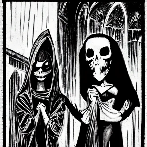 Prompt: “ sandman and his sister death in a ghotic chatedral ”
