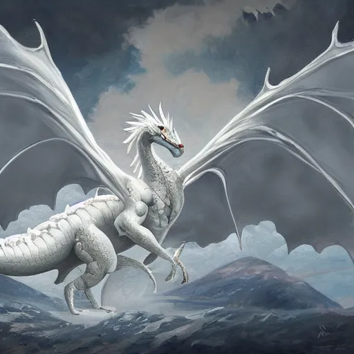 Prompt: a beautiful white dragon on the Altus Plateau, highly detailed painting, painting by Ciruelo, 4k