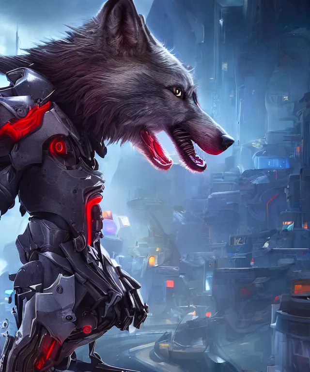 Image similar to a male anthropomorphic dark gray wolf, long red hair, blue eyes, in a futuristic city, hyper detailed, digital art, trending in artstation, cinematic lighting, studio quality, smooth render, unreal engine 5 rendered, octane rendered, art style by pixar dreamworks warner bros disney riot games and overwatch.