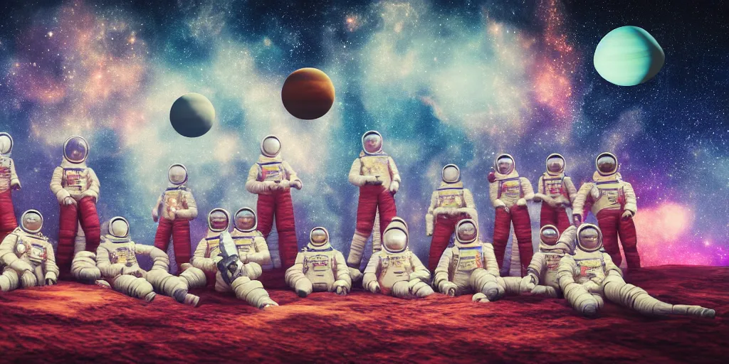 Image similar to twelve cosmonauts sitting by the river with a big holiday cake + octane render + ue 5 + planets and stars + mystical fog + psychedelic colors + super detail, high quality