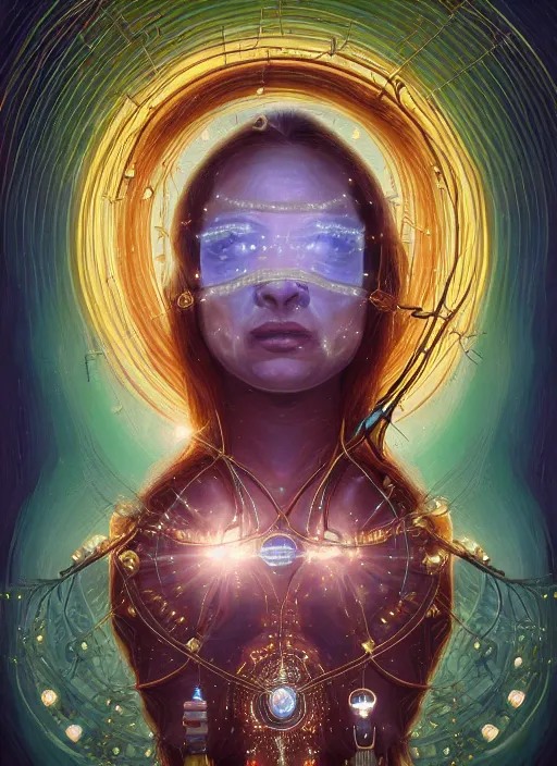 Image similar to oil painting of symmetric android woman immersed in the mystical tree, druid goddess, retro futurism, renaissance painting, baroque, steampunk, golden jewellery, shining crystals, cords and wires, vr googles, filigree, biomechanics, cinematic light, 8 k