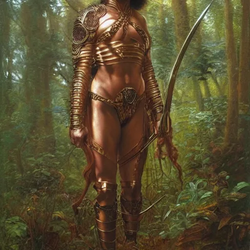 Image similar to a detailed, beautiful oil painting of a warrior woman who looks like keisha castle hughes, wearing intricate, etched copper armor in an ancient forest, by michael whelan, donato giancola, and william adolphe bouguereau